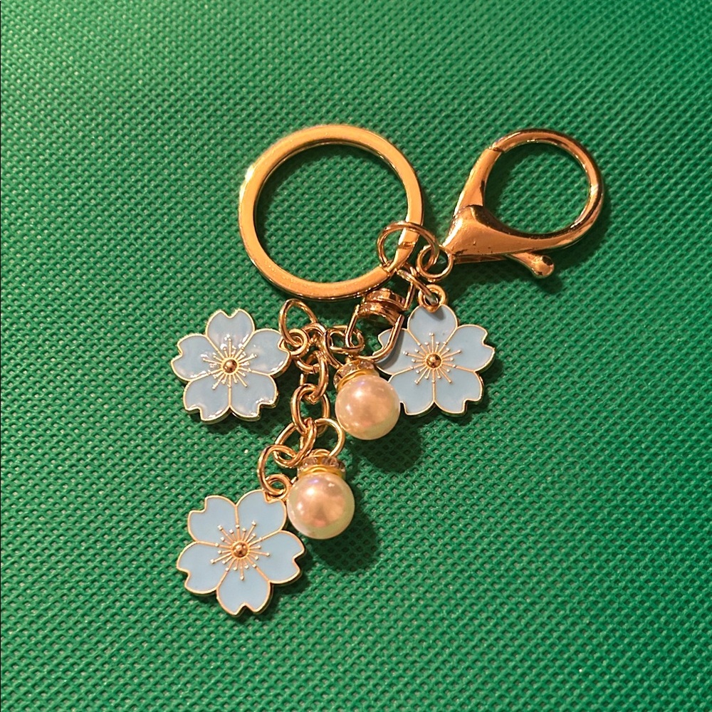 Gold and Blue Floral Keychain with Pearls